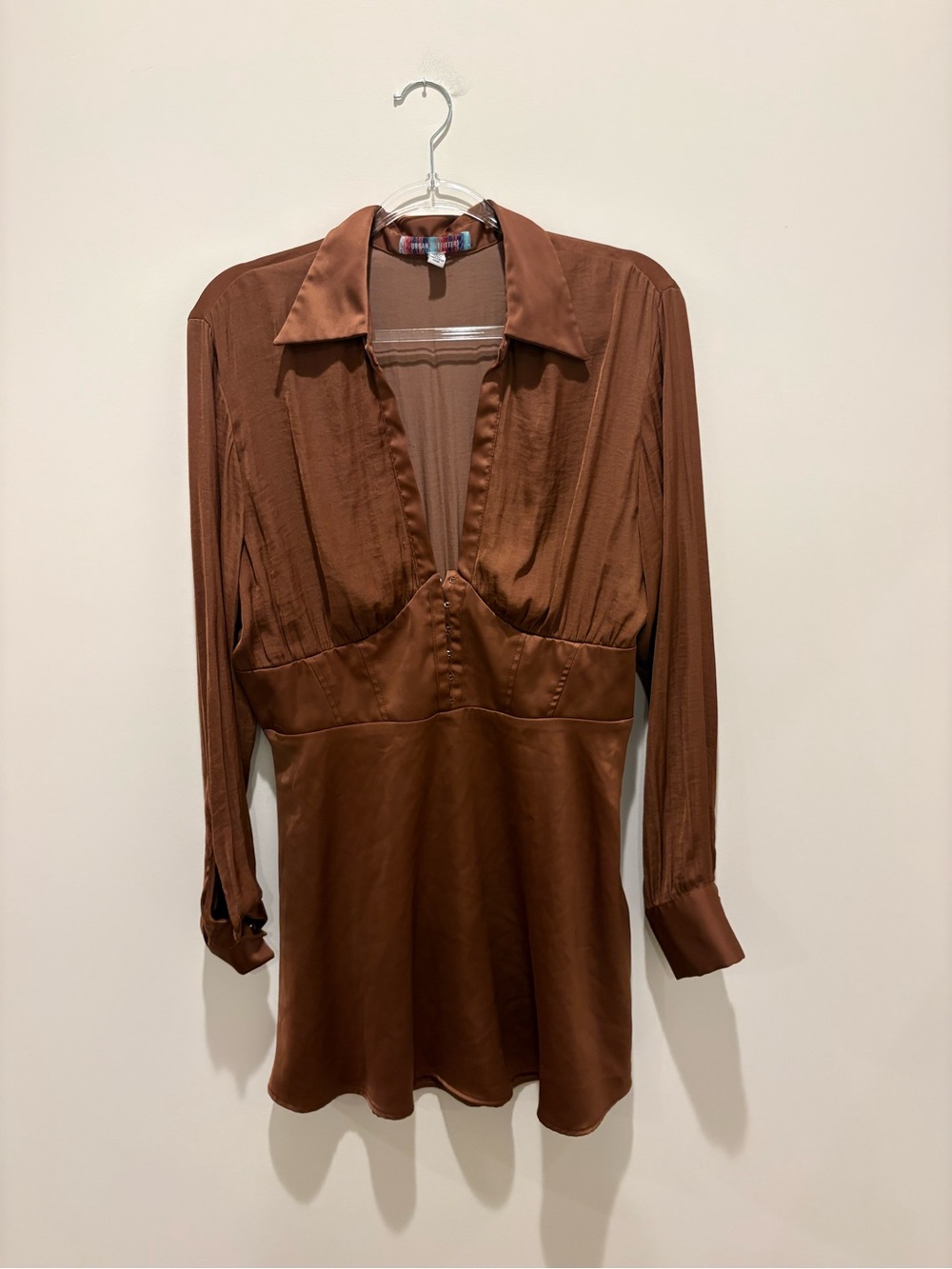 Urban Outfitters Brown Satin V-Neck Long Sleeve corset dress